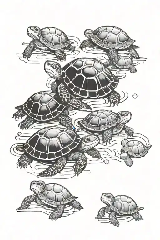 8 Baby Turtles Walking With Sea Shells Around