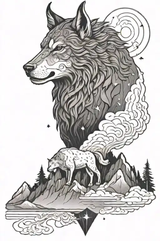 Taurus Zodiac Sign With Mountains And Nights Sky With Wolf