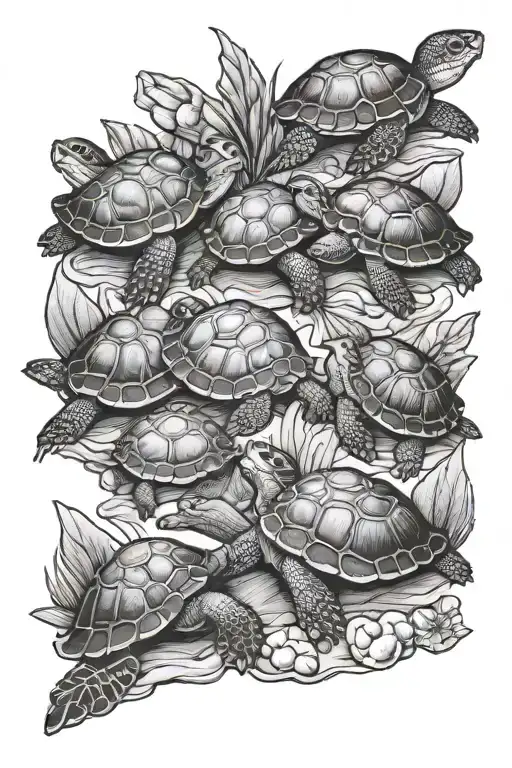 8 Mini Baby Turtles Walking With Sea Shells Around