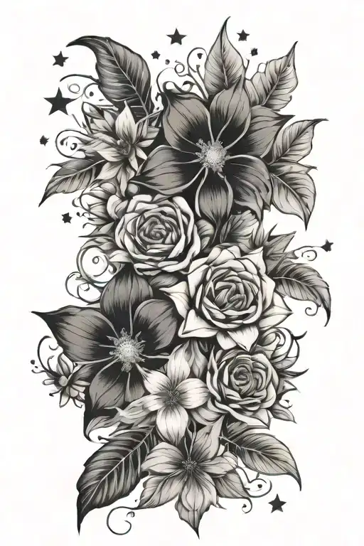 Fine Line Flower Bouquet With Stars Intertwined Within