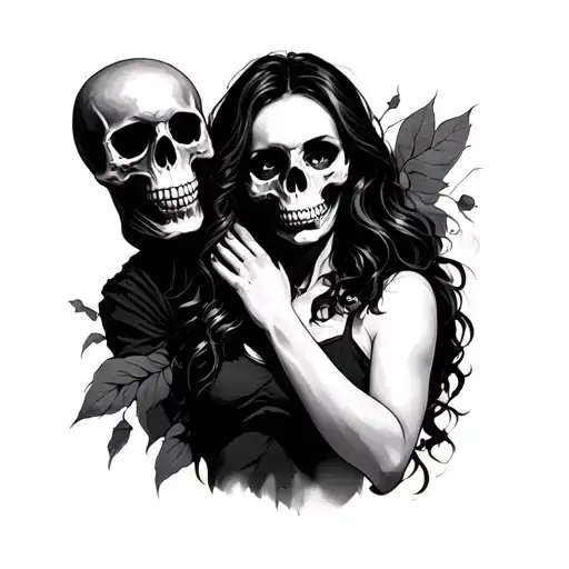 A Woman With A Skull Instead Of A Face Standing With A Man's Skull In Her Hand