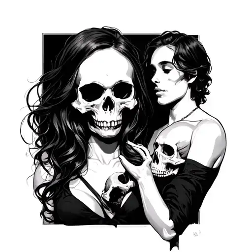 A Woman With A Skull Instead Of A Face Standing With A Man's Skull In Her Hand