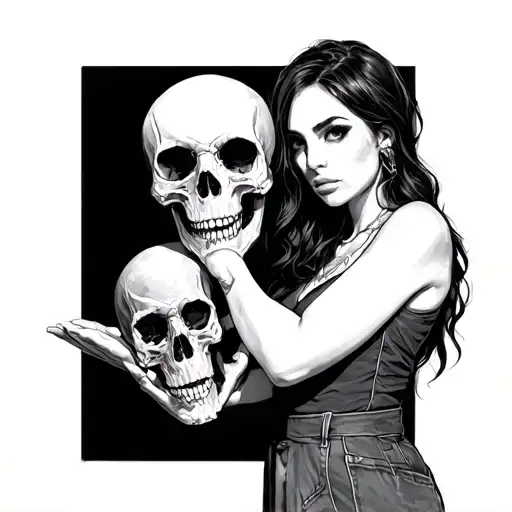 A Woman With A Skull Instead Of A Face Standing With A Man's Skull In Her Hand