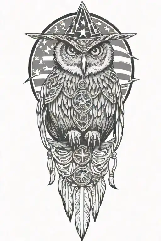 Wizard Owl With Native American Necklace And Earring And American Flag