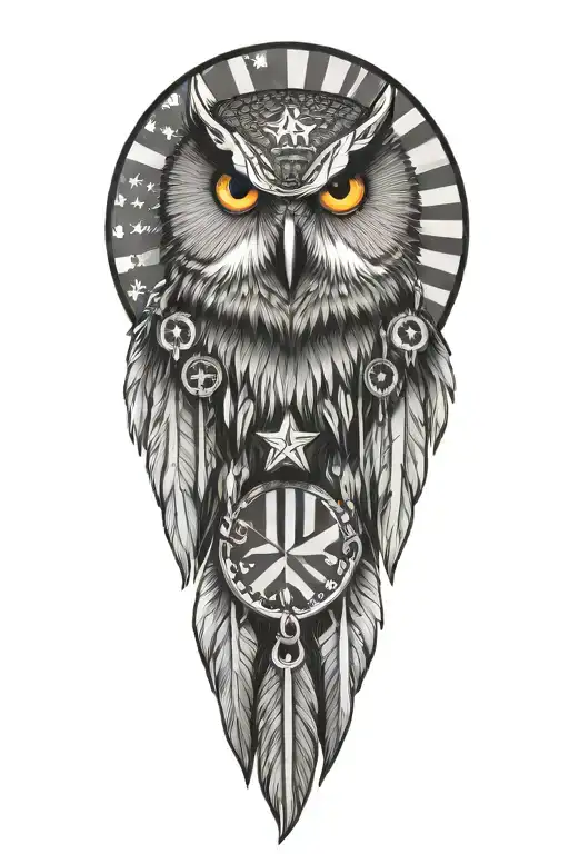 Owl With Native American Necklace And Earring And American Flag