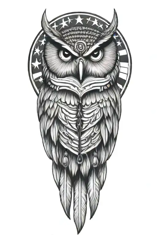 Warrior Owl With Native American Necklace And Earring And American Flag