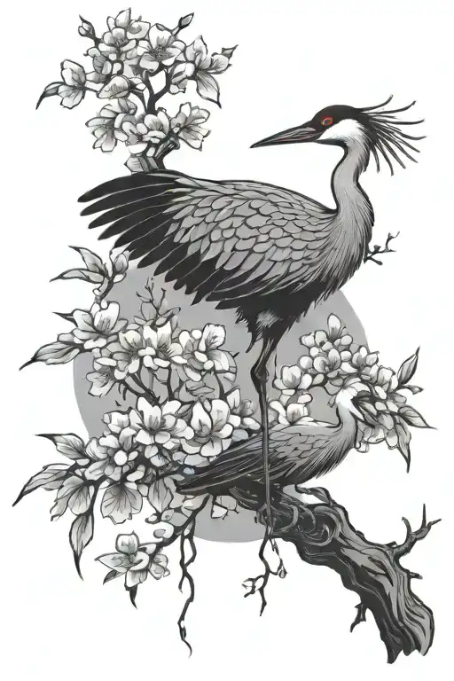 Crane And Cherry Blossom Tree