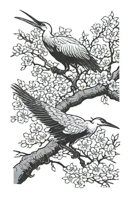 2 Crane And Cherry Blossom Tree Branch