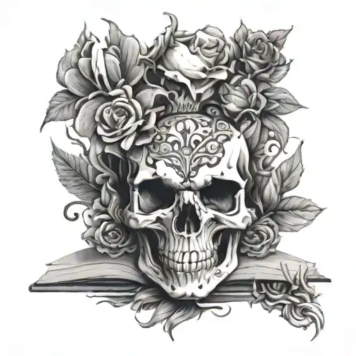 Skull And Wearwolf And Dragon Stack Of Book Surrounded By Bold Floral