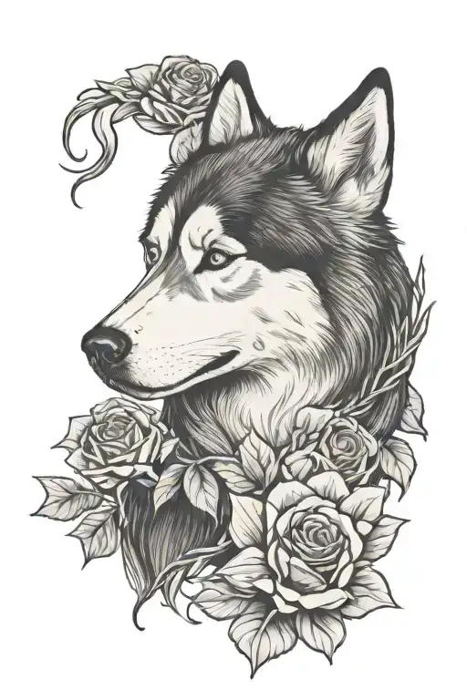 Husky And Roses Entwined