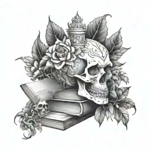 Skull And Dragon Stack Of Book Surrounded By Bold Floral