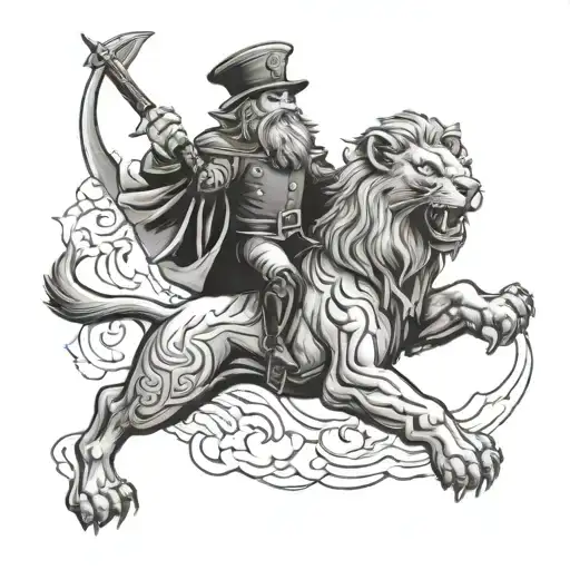 Leprechaun And Lion With Rocket And Red Wings