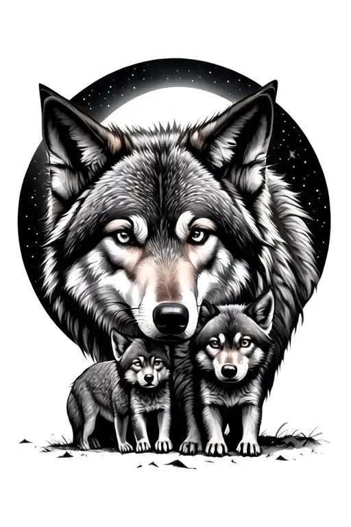 Wolf With Mate And 3 Cubs Full Moon