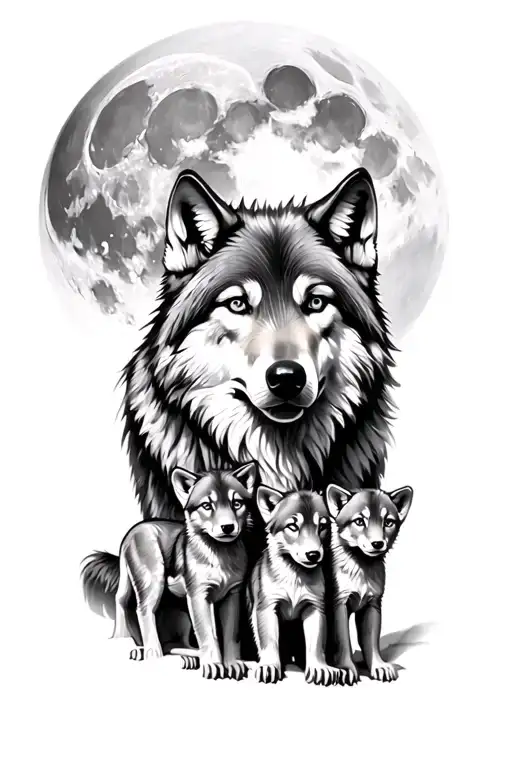 Wolf With Mate And 3 Cubs Full Moon