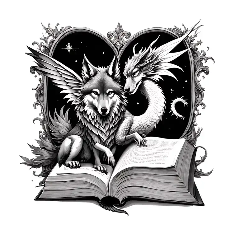 Book Open Surrounded By Wolf Fairy Phoenix Dragon Wrapped