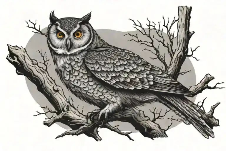 One Owl On Dead Tree Branch With No Leaves