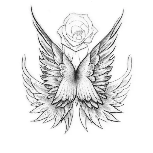 Wings Flower Back Tattoos Color Outlined