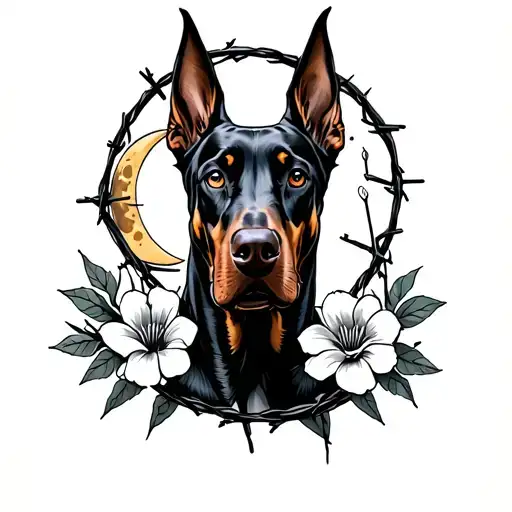 Doberman In Barbed Wire With Flowers And Moon And Spikes