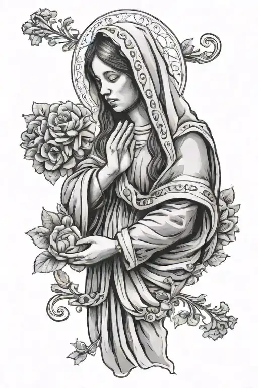 Mary Praying Holding A Rosery Wrapped Around The Hand