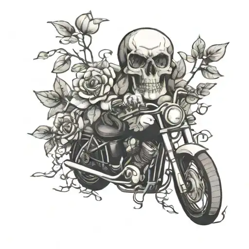 Motorcycle With A Skull And Succulent Vines Intertwined In A Detailed Black-grey Design