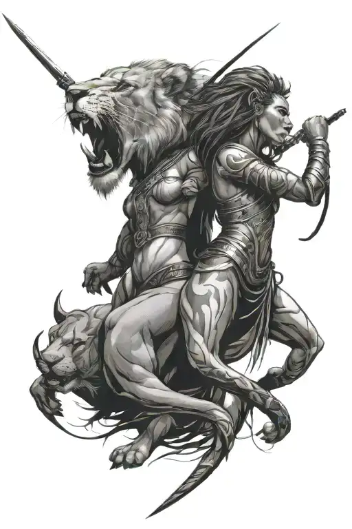 Lioness And Female Warrior Standing