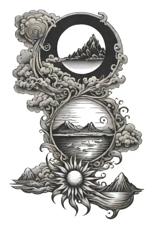 Sun With Moon Sea And Mountains