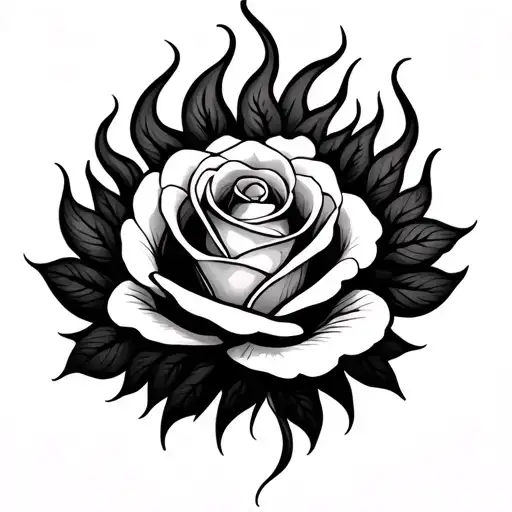 Fine Line Roses With Flame Rose With Colour Flames With Black And White
