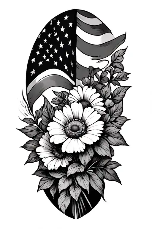 Birth Flower Bouquet And American Flag Waving