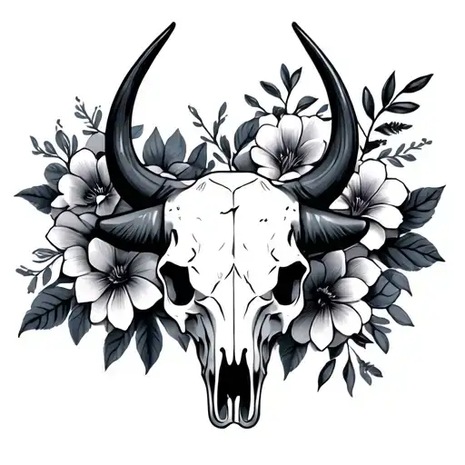 Bull Skull Half Flowers