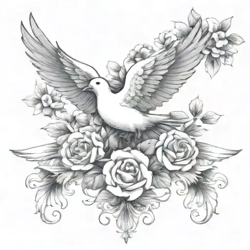 Dove And Floral With Angel Wing Fused On Right Side Of Stomach