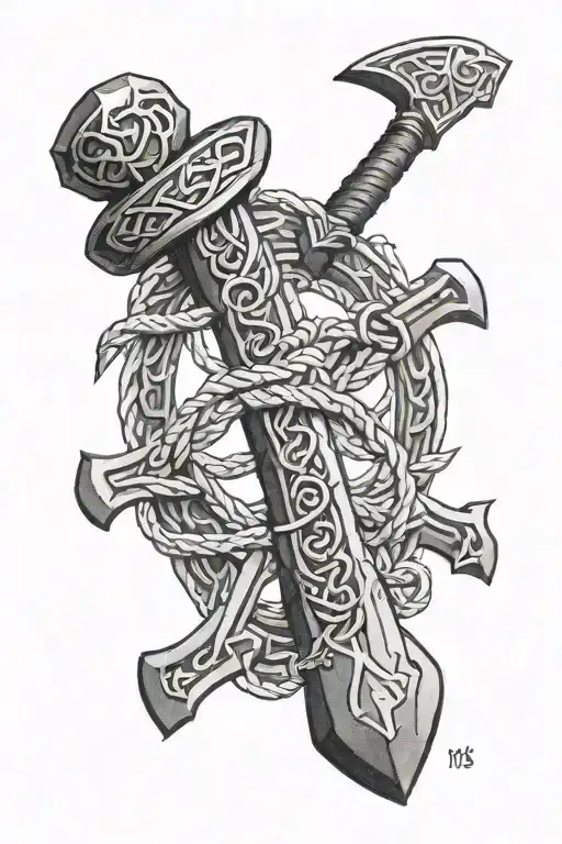 Thors Hammer Ingraved With Runes And Rope And Anchor