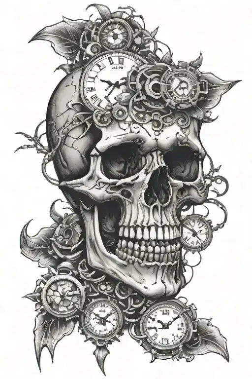 Detailed Shading Angry Silenced Skull With Clocks And Sexy Lines