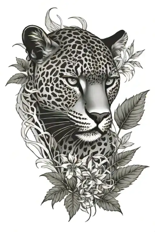 Black Jaguar Surrounded By Weed Leaf Intertwined