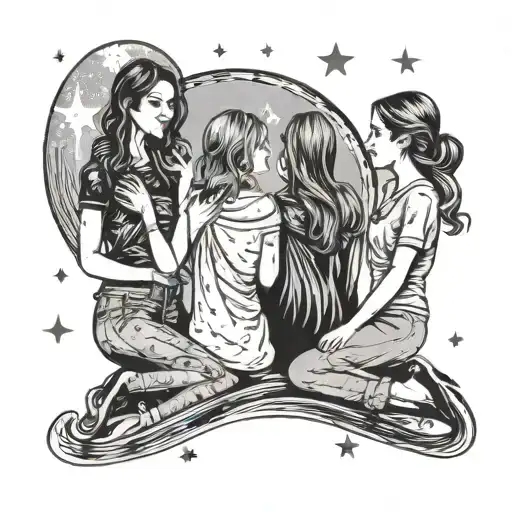 4 Female Friends Sat On A Crescent Moon Looking At A Shooting Star