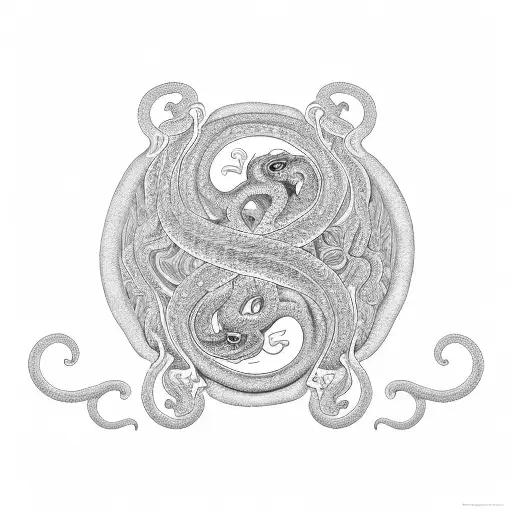 A Black-grey Design Of A Snake Coiled Around A Sraka In A Yin Yang Formation Tattoo