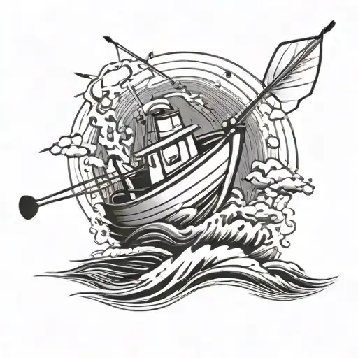 Small Boat With Fishing Rod On Wave