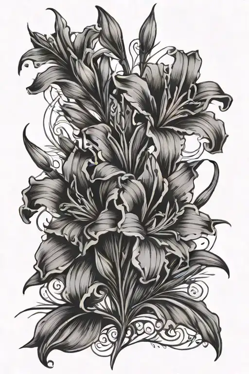 Fine Line X-ray Gladiolus Flower With Ornaments On Pelvic Or Thigh Area