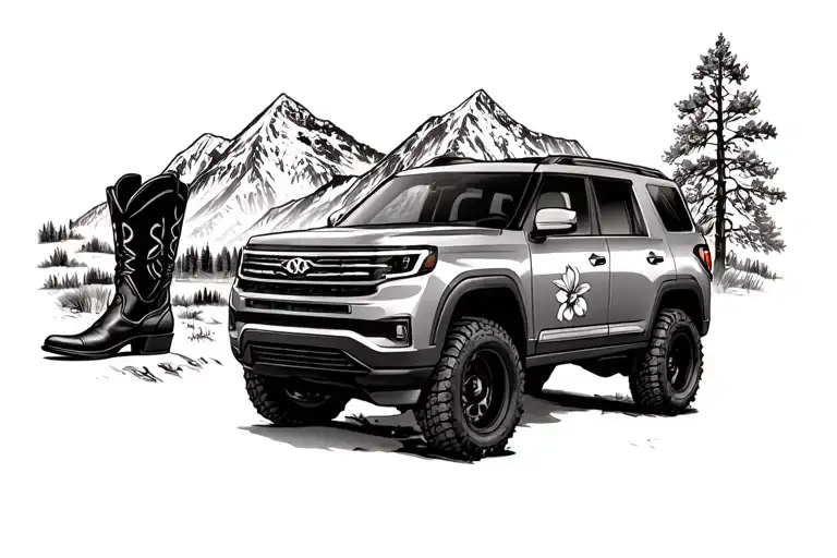 Suv With Mountain Back Ground And Cowboy Boot And Iris Flower On Side Of Carcar
