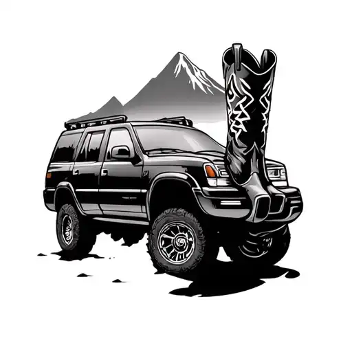 Suv With Cowboy Boots And Iris Flow On Side And Mountain In The Back
