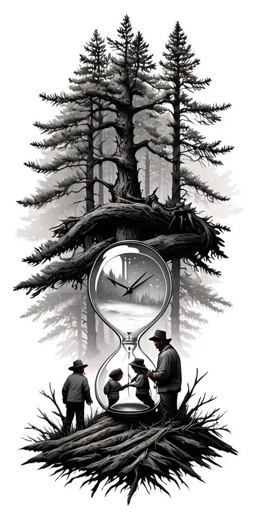 Pine Forest Wrap Around And Family Tree And Hour Glass Father With 2 Kids Hunting