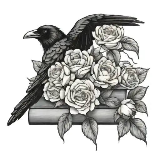 Raven On Books Surrounded With Roses Peonies