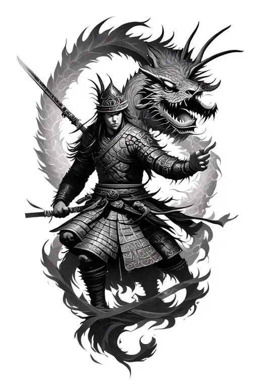Samurai Warrior Battling Mythical Creatures Intertwined