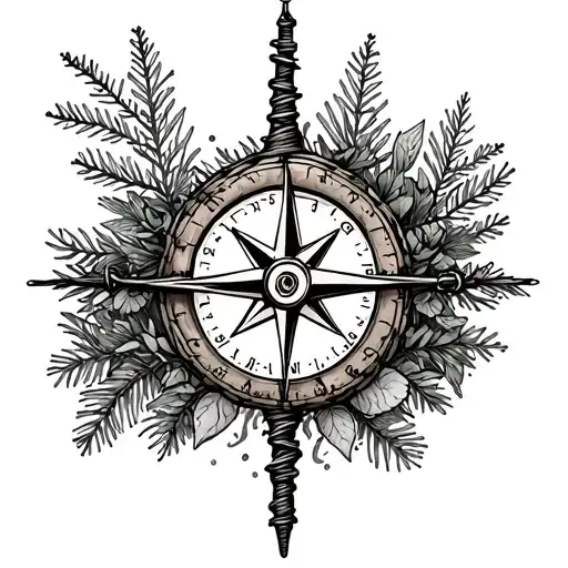 Barbie Wire Wrapped With Compass And And Pine Tree And Plants