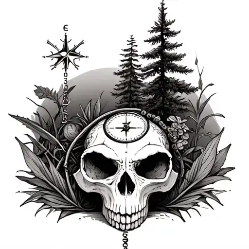 Barbie Wire With Compass And And Pine Tree And Plants With Gator Skull