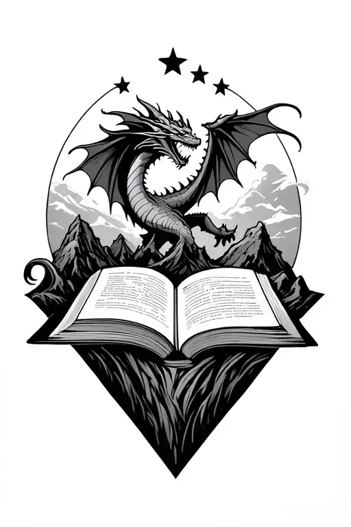 Open Book Dragon Flying Out Above A Mountain With Three Stars