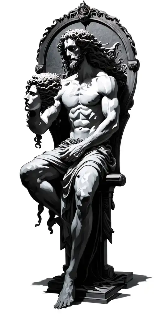 Hades Sitting On His Throne Surrounded By Medusa Holding Poseidons Head