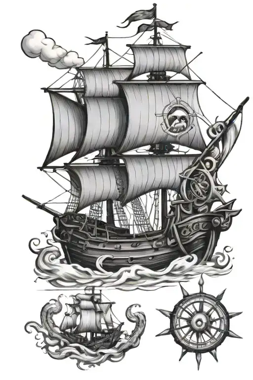 Pirate Ship With An Octopus And Compass