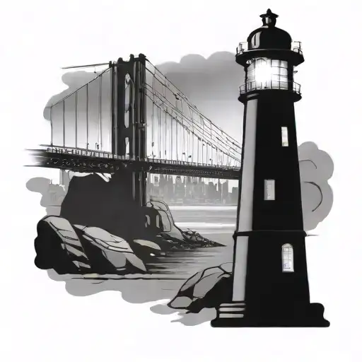 Lighthouse With Rocks Surrounding And The Brooklyn Bridge