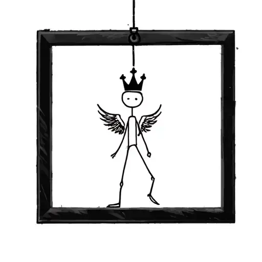 A Animated Stick Man Figure With Wings And A Crown Hanging