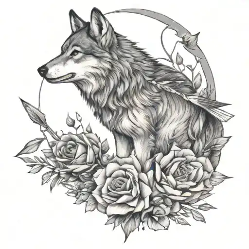 Wolf With Arrow In Its Back And Flowers